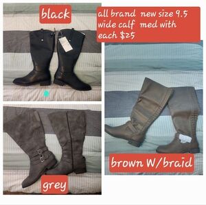 Wide calf boots 3 different pairs. Black, Grey, brown with braid